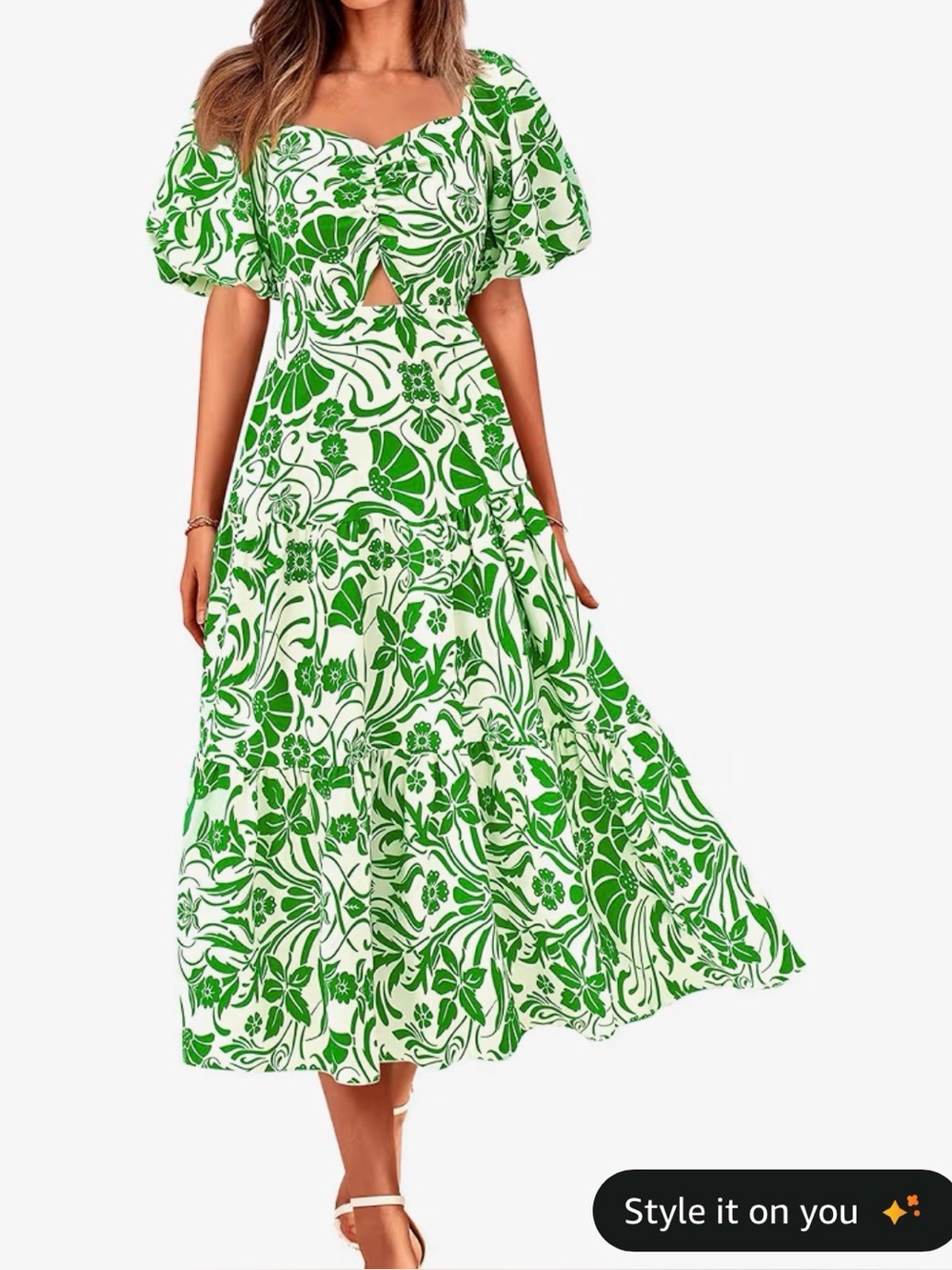 Green & White Floral Puff-Sleeve Midi Dress by BTFBM